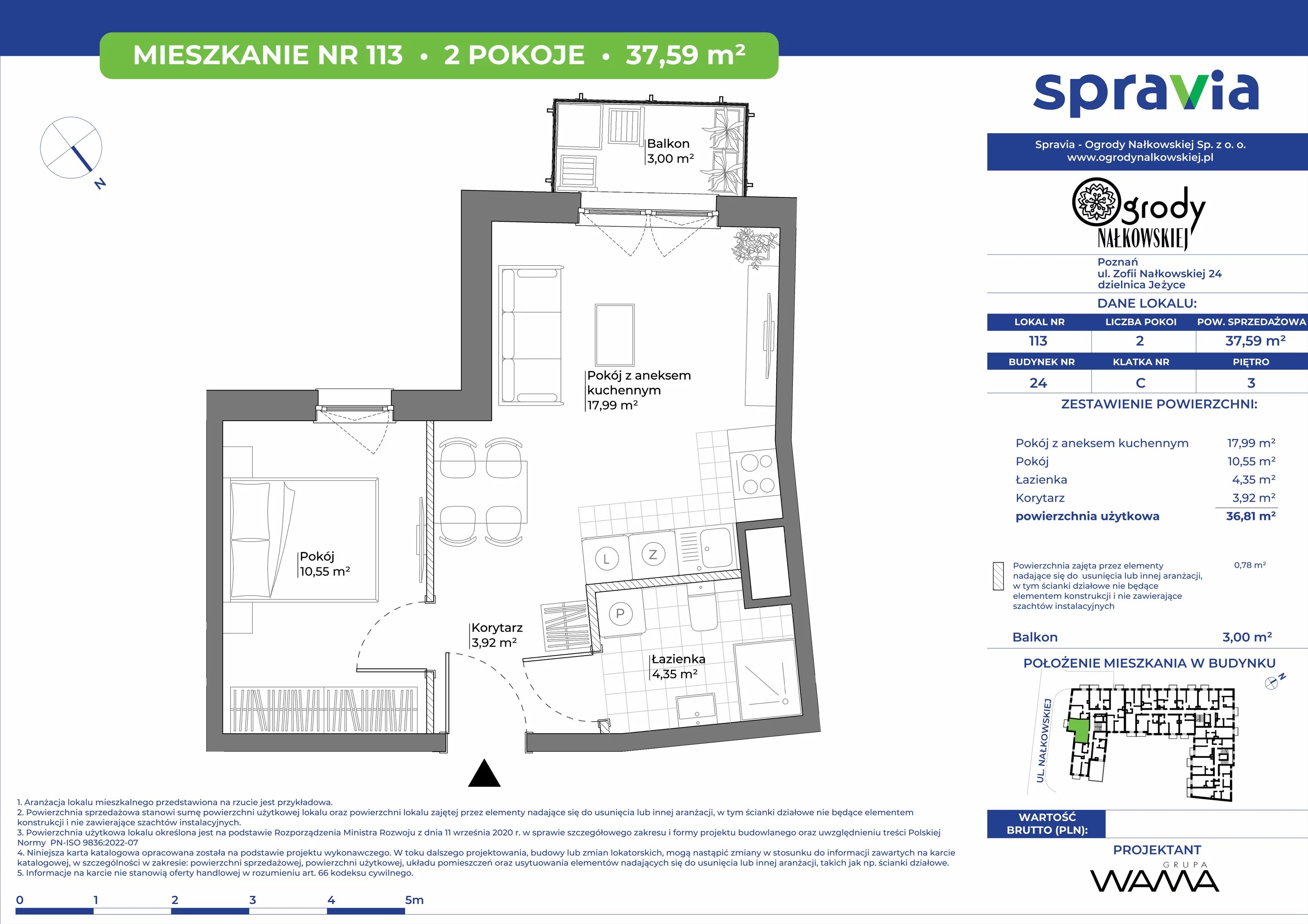 2 pokoje, mieszkanie 37,59 m², piętro 3, oferta nr 24-113, Ogrody Nałkowskiej, Poznań, Ogrody, ul. Nałkowskiej 24, 26